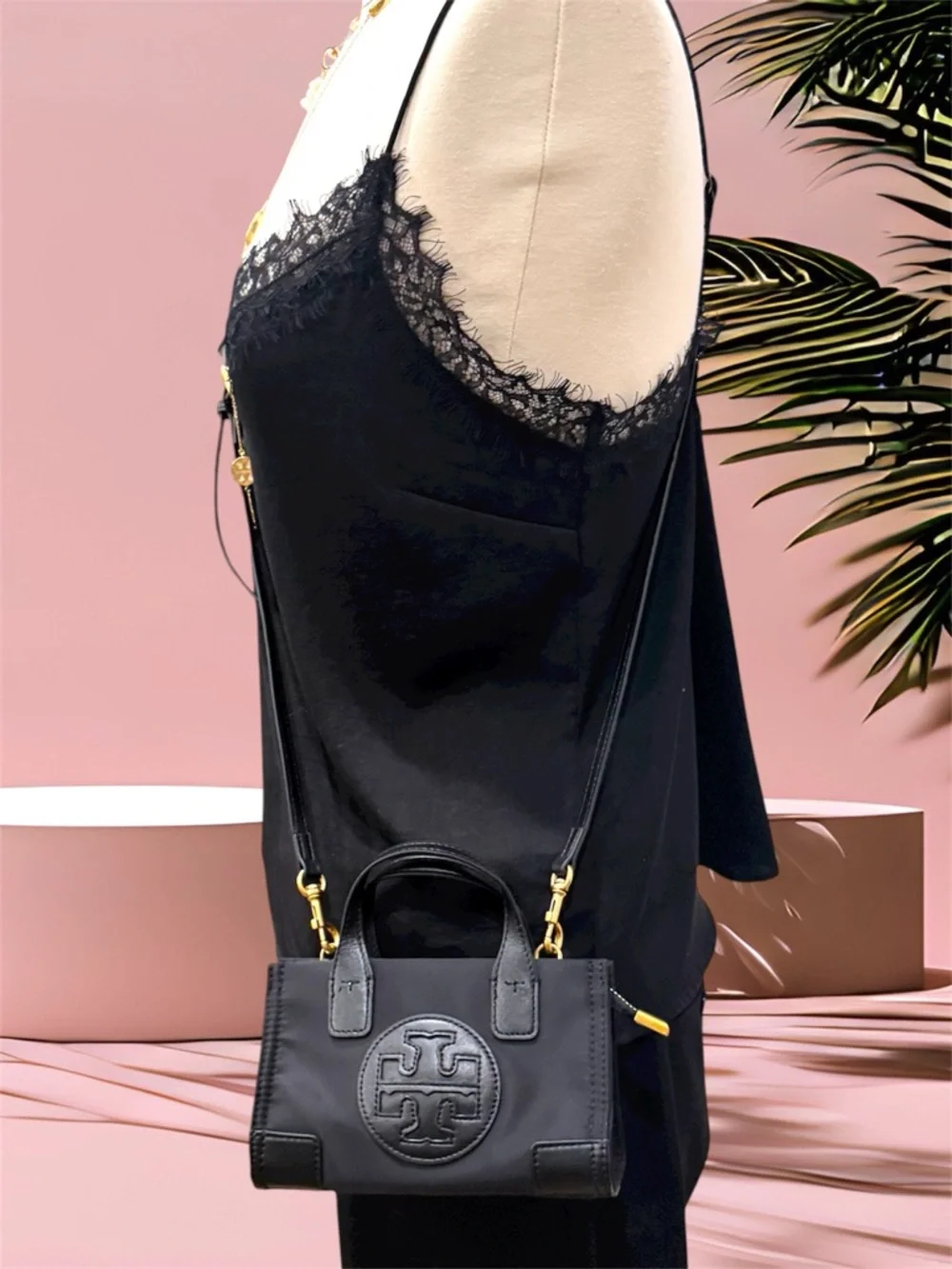 Tory Burch Micro Ella crossbody Nylon embossed logo leather gold tone hardware